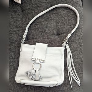 Baby blue genuine leather purse bag with tassel accents